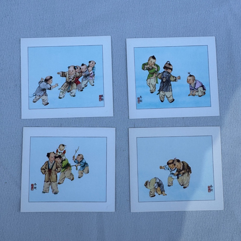 Chang Art Studio Chinese Art Cards 4pc Traditional Children Playing Folk Art